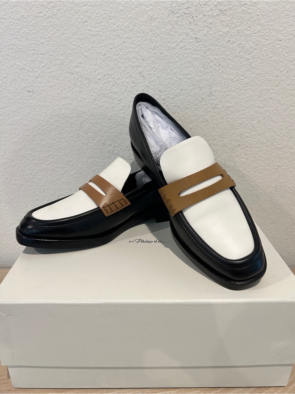 NIB 3.1 Phillip Lim Alexa Penny Loafers Black/White/Tan, Size 37, $450 Retail
